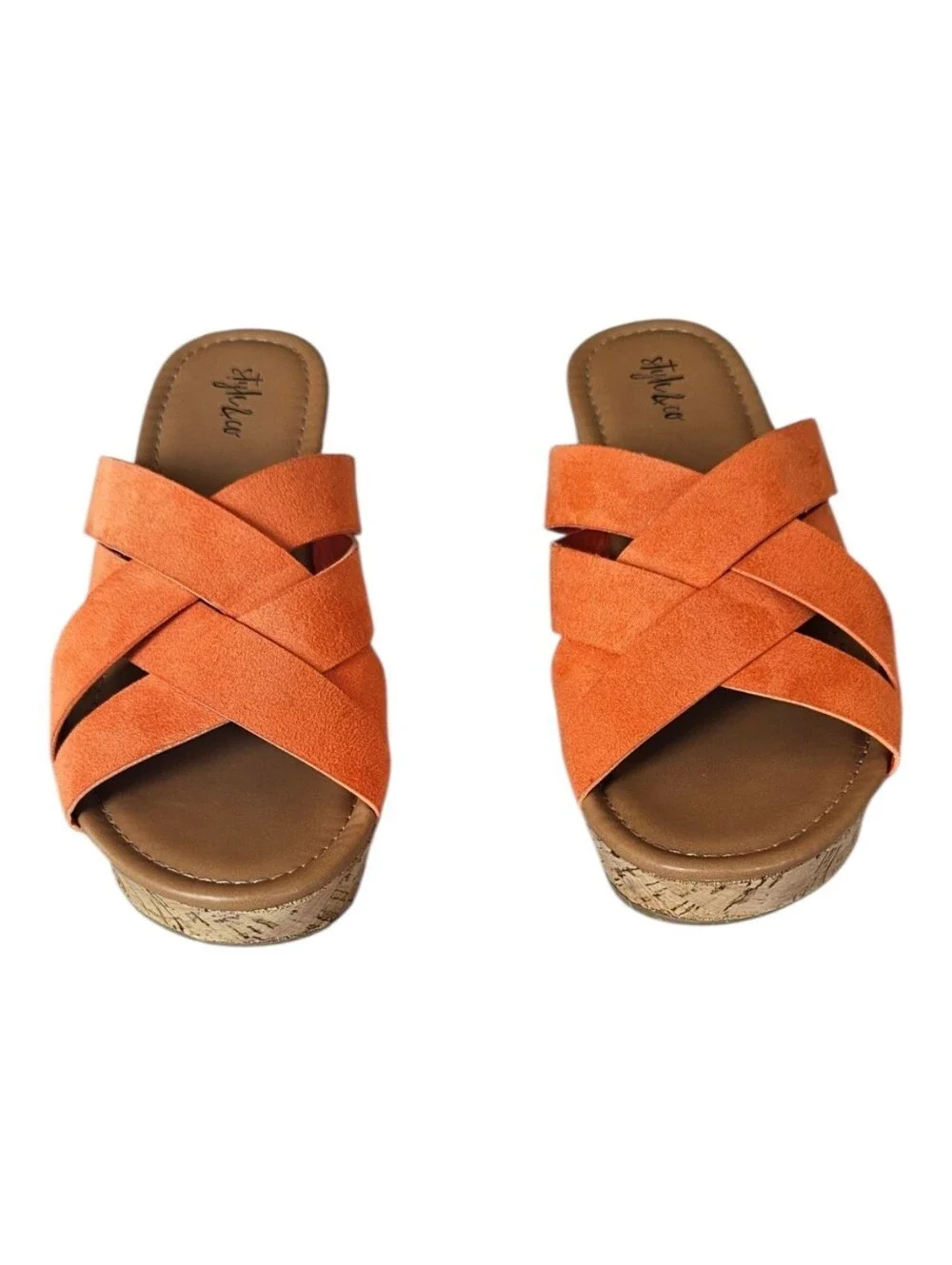 ​Style & Co Bright Orange Crisscross Suede Cork Wedge Sandals Slide Platform 7.5